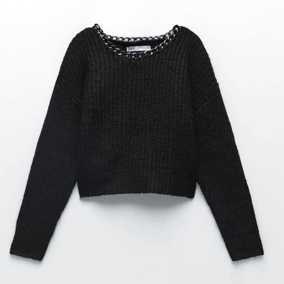 🔖 S ZARA Knit Sweater Chain Collar Black Crop Sweater - Picture 4 of 11